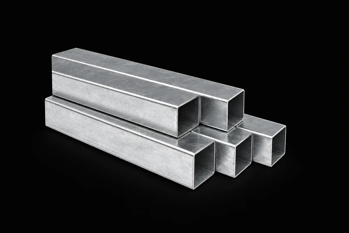 Square hollow metal post sections on a dark background