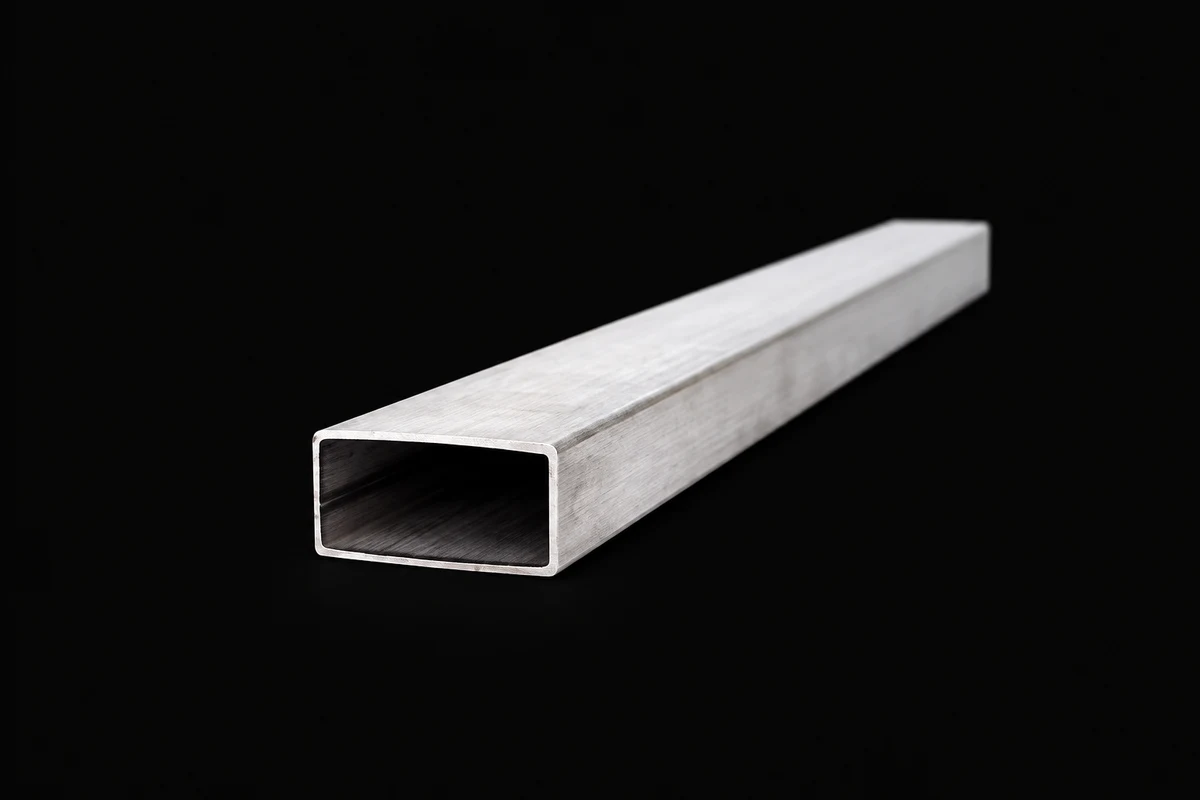 Rectangular hollow metal rail on a dark background