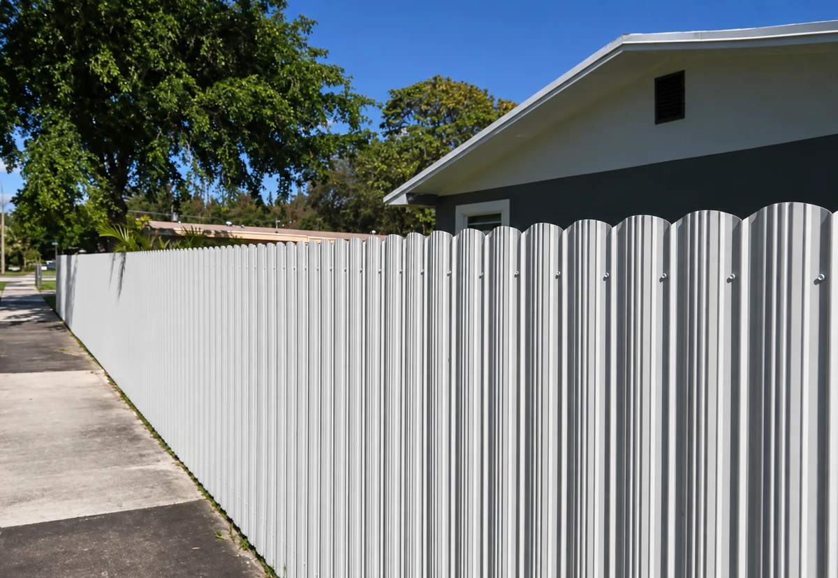 White metal privacy fence along a residential property